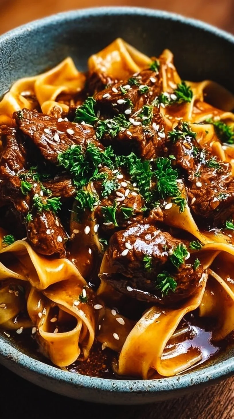 Delicious bowl of Korean beef noodles with tender meat and fresh vegetables