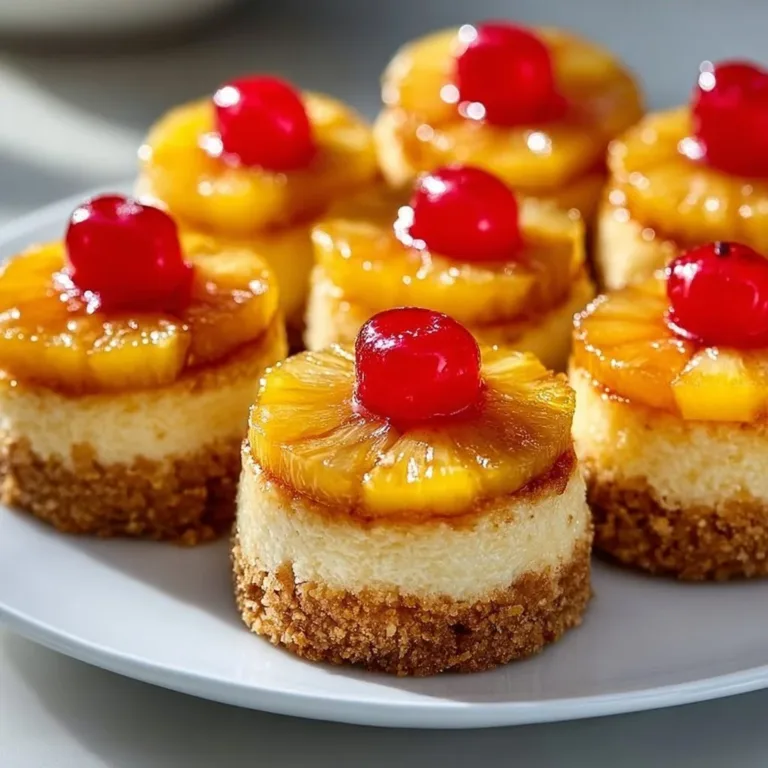 Mini pineapple upside down cheesecakes topped with cherries and pineapple slices.