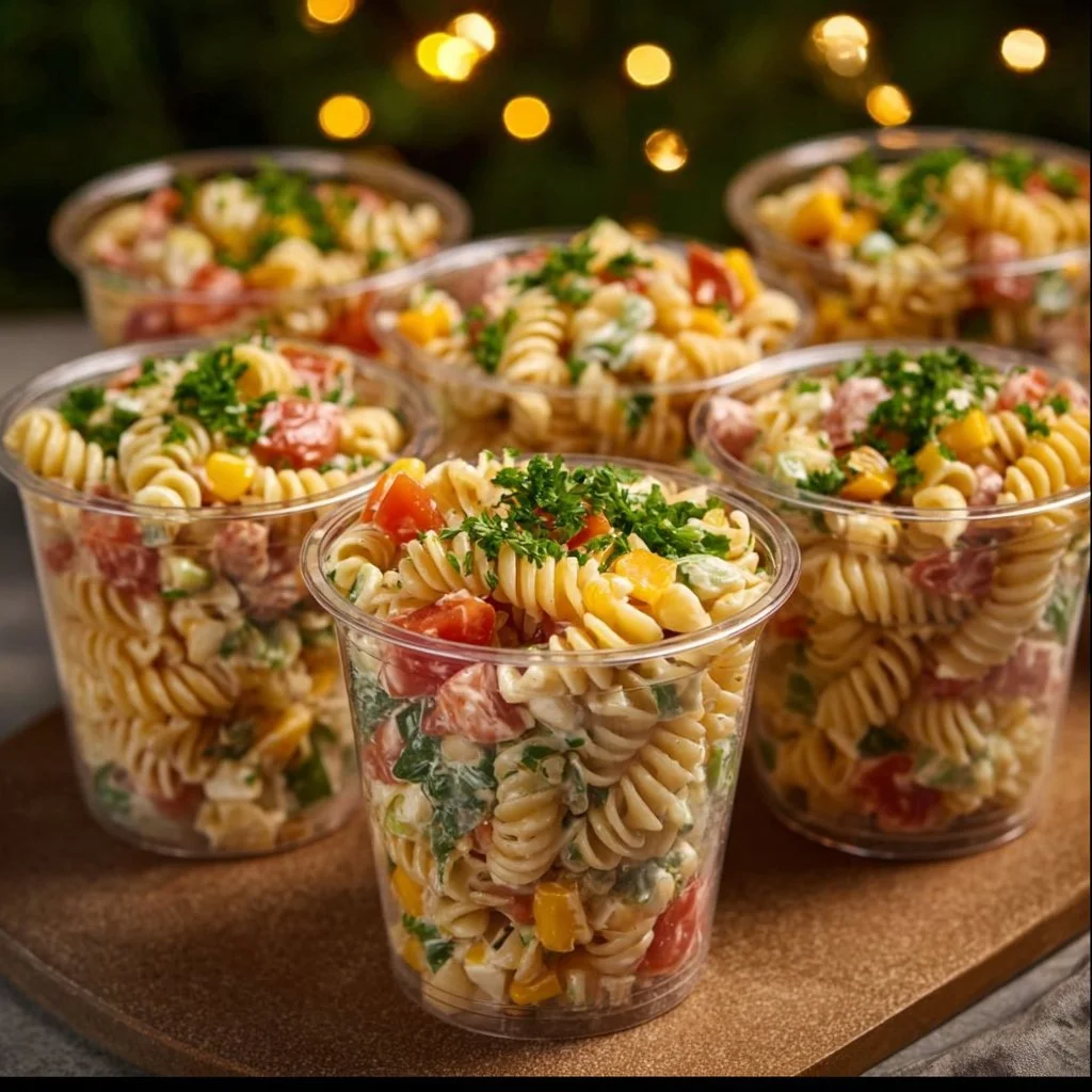 Colorful and fresh pasta salad with vegetables and dressing