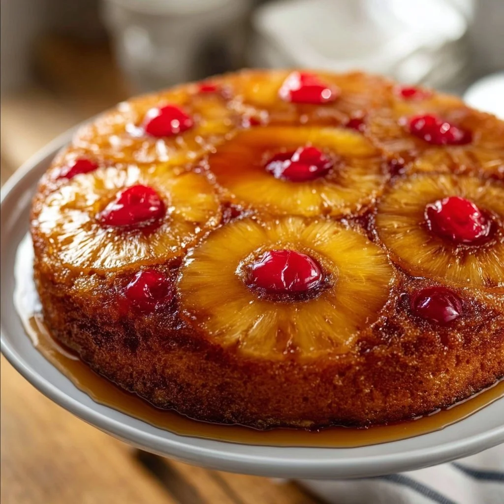 Deliciously baked Pineapple Upside Down Cake with caramelized pineapple topping