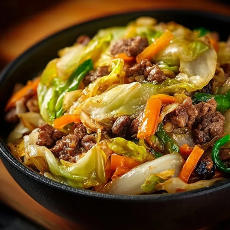 Savory beef and cabbage stir fry garnished with green onions in a skillet.