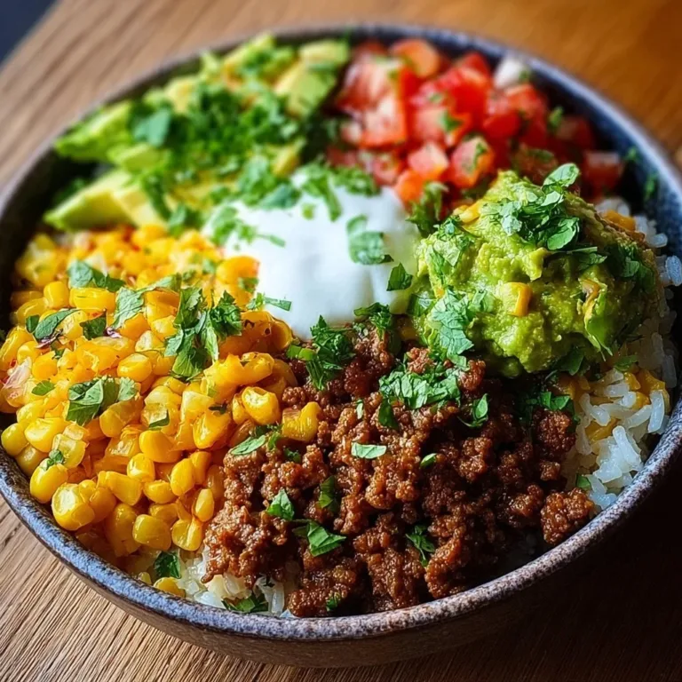 Delicious Taco Rice Bowl topped with fresh ingredients and spices