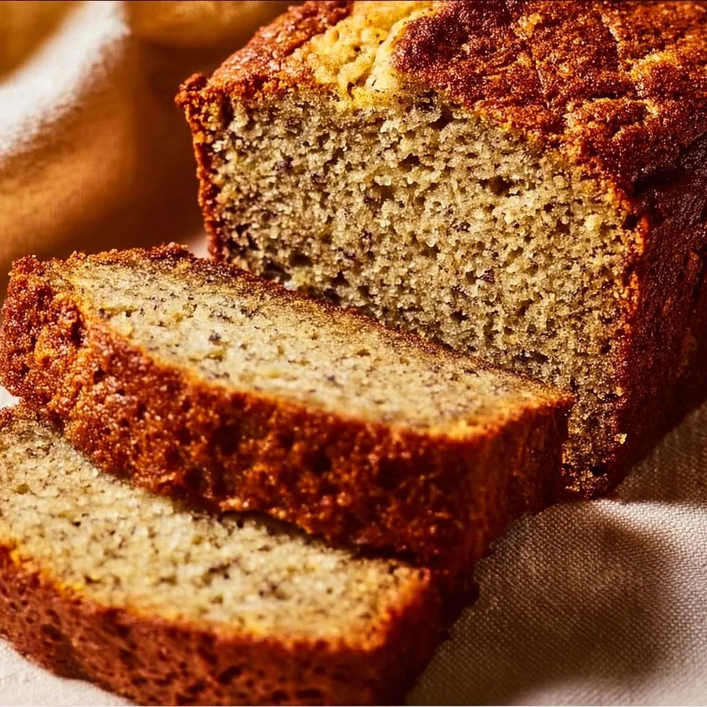 Loaf of ultimate moist banana bread on a wooden cutting board